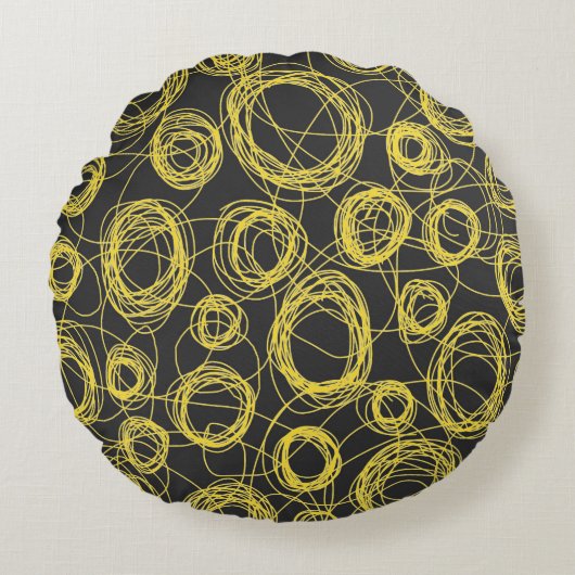Ronde zwarte vlekjes Geel en Zwart Rond Kussen (Voorkant)