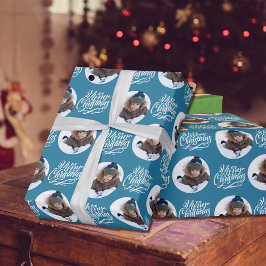 Rondfoto voor prettige kerstkalligrafie Blauw Cadeaupapier