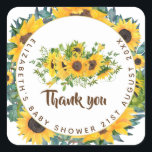 Rondgaande Zonnebloem Thema Baby Shower Favor Gift Vierkante Sticker<br><div class="desc">Dit elegante baby shower item maakt deel uit van de rustieke Zonnebloem-collectie met waterverf geïllustreerde gele zonnebloemen en groene bladeren. Tekst sjabloonvelden stellen u in staat namen en andere details toe te voegen zoals gewenst. Voor bijpassende items bekijk je de bijgevoegde collectie of neem je contact op met Designer LeahG...</div>