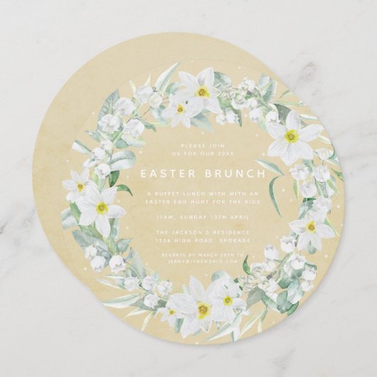 Rondgeel + White Floral Wreate paasbruin Kaart (Voorkant / Achterkant)