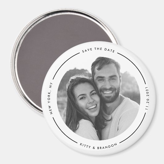 Rondzwart en wit bewaren de datum met foto magneet (Voorkant / Achterkant)