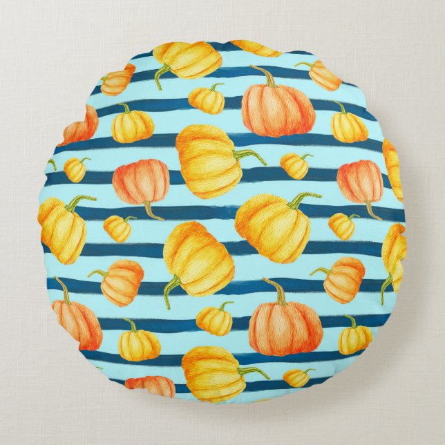 Rong Oranje pompoen. Naadloze Waterverf Rond Kussen (Voorkant)