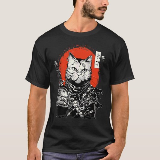 Ronin Samurai Cat met Katana en Japan Rising Sun T-shirt (Voorkant)