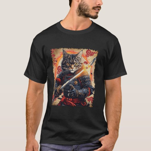 Ronin Samurai Kattenkrijger met Katana Feline Bush T-shirt (Voorkant)