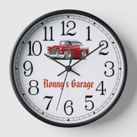 Ronny's Garage Rood & Wit Klassieke Auto Klok (Voorkant)