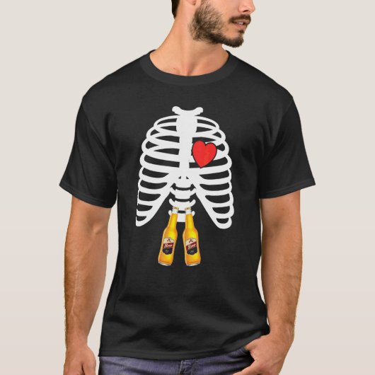 Röntgen Skelet Ribbenkast Bierfles Mok Halloween D T-shirt (Voorkant)
