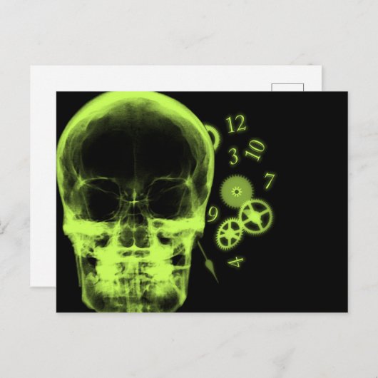 Röntgenfoto Skull & Clock Onderdelen - Lime Green Briefkaart (Voorkant / Achterkant)