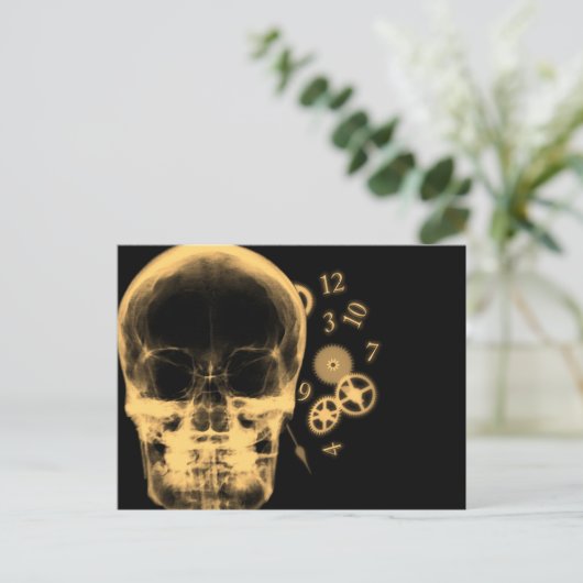Röntgenfoto Skull & Clock Onderdelen - Sinaasappel Briefkaart (Staand voorkant)