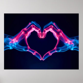 Röntgenfoto van handen in hartvorm - Neon roze en  Poster