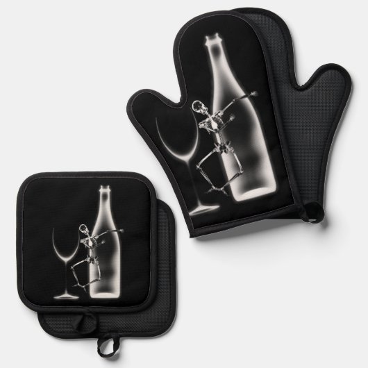 Röntgenfoto Viering Skeleton & Wine Ovenwant & Pannenlap Set (Voorkant / Achterkant)