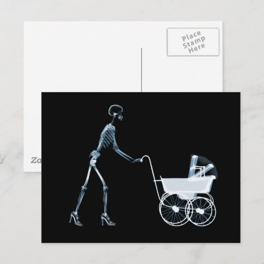 RÖNTGENSKELET VROUW & BABY CARRIAGE - BLAUW BRIEFKAART (Voorkant / Achterkant)