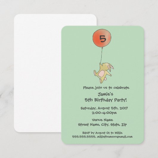 Roo Bunny - uitnodiging van de Rode Big Balonparti (Voorkant / Achterkant)