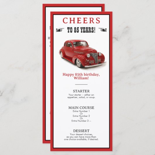  rood 1939 Coupe 85ste verjaardagsfeestje Menu (Voorkant / Achterkant)