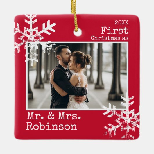 Rood 1 Kerstmis Mr. & Mrs Foto Keramisch Ornament (Voorkant)