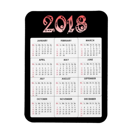 Rood 2018 Kalender Magneet (Verticaal)