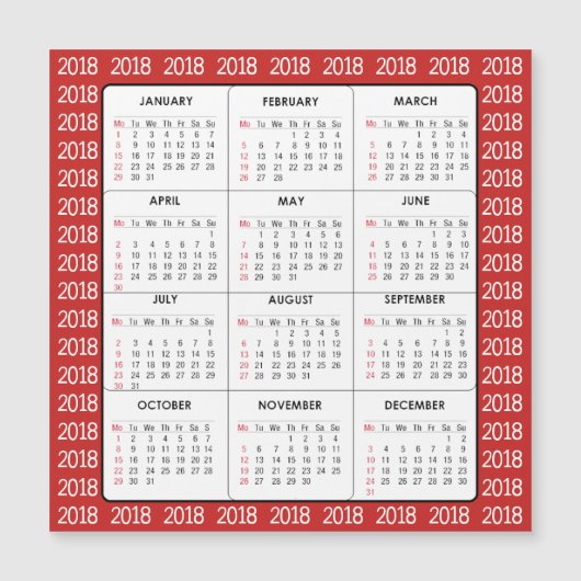 Rood 2018 Kalender Vierkant Magnetische Kaart (Voorkant)