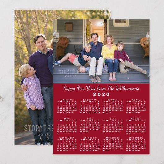 Rood 2020 Kalender 2 Aangepaste Foto's Gelukkig Ni Feestdagenkaart (Voorkant / Achterkant)