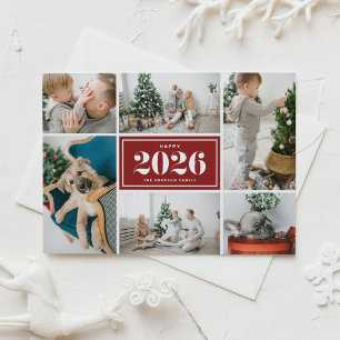 Rood 2025 Gelukkig Nieuwjaar Fotocollage Feestdagenkaart