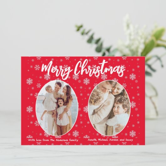 Rood 2 foto Sneeuwvlokken Schattige Modern Vrolijk Feestdagenkaart (Staand voorkant)