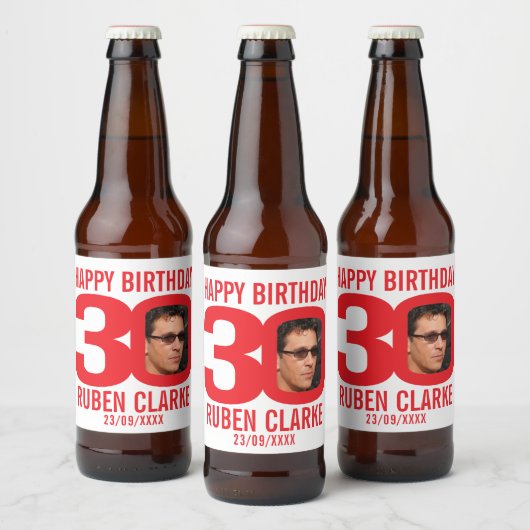 Rood 30th Verjaardag aangepaste foto naam label Bier Etiket (Flessen)