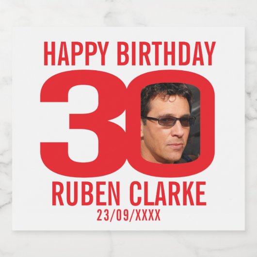 Rood 30th Verjaardag aangepaste foto naam label Bier Etiket (Enkel label)