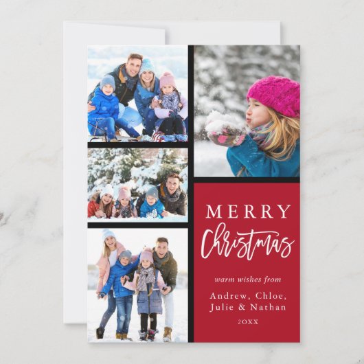 Rood 4 Foto Collage Modern Merry Kerstmis Feestdagenkaart (Voorkant)