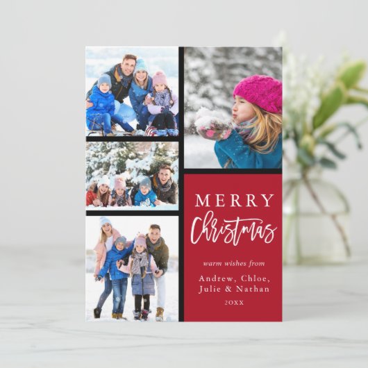 Rood 4 Foto Collage Modern Merry Kerstmis Feestdagenkaart (Staand voorkant)