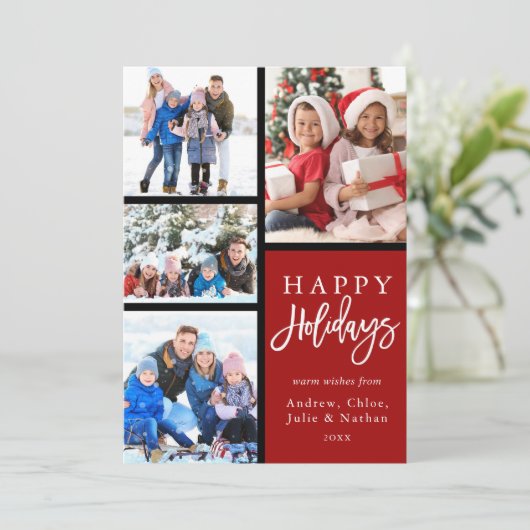 Rood 4 Foto Collage Modern Prettige feestdagen Feestdagenkaart (Staand voorkant)
