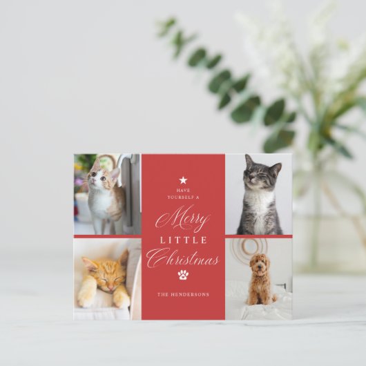 Rood 4 Foto Vrolijk Kleine Kerstmis Huisdier Vakan Feestdagenkaart (Staand voorkant)