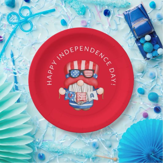 Rood 4 juli Gnome Independence Day Party Papieren Bordje (Feest)