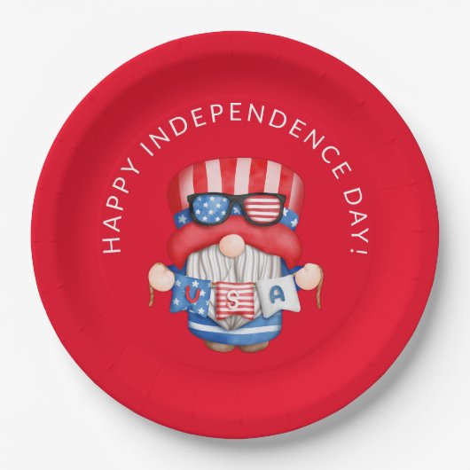 Rood 4 juli Gnome Independence Day Party Papieren Bordje (Voorkant)