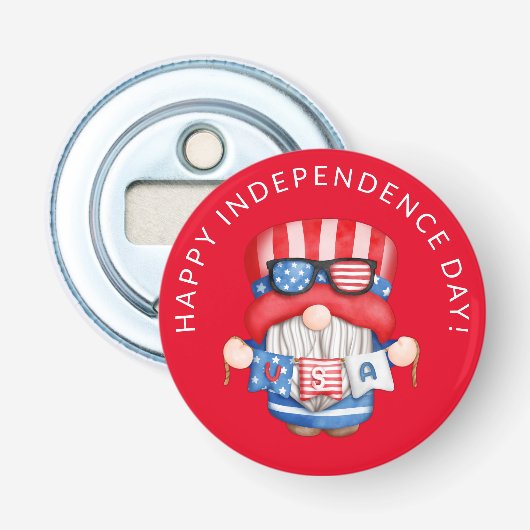 Rood 4 juli Gnome Onafhankelijkheidsdag Button Flesopener (Voorkant)
