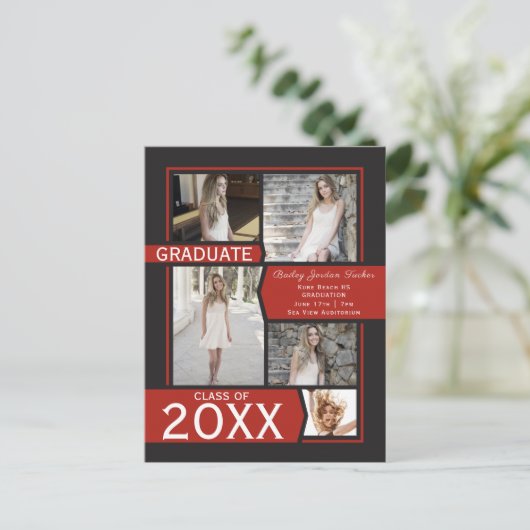 Rood 5-Fotocollage Afstuderen aankondiging Briefkaart (Staand voorkant)
