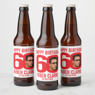 Rood 60th Birthday, aangepast label op foto Bier Etiket