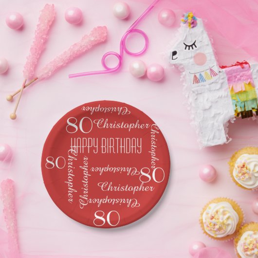 Rood 80e verjaardagsfeestje Herhalende Naam Papieren Bordje (Feest)