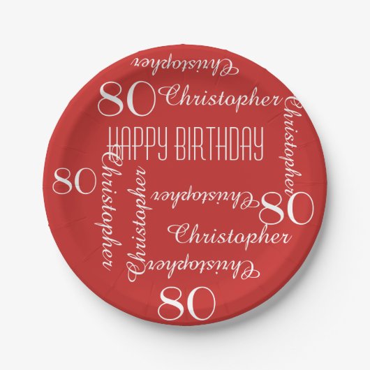 Rood 80e verjaardagsfeestje Herhalende Naam Papieren Bordje (Voorkant)