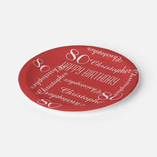 Rood 80e verjaardagsfeestje Herhalende Naam Papieren Bordje (Gekanteld)