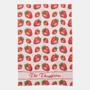 Rood Aardbei Fruit Patroon Op Roze Met Tekst Theedoek