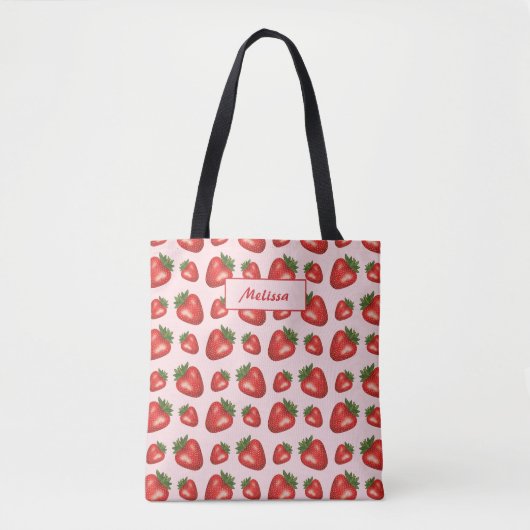 Rood Aardbeiendessin Op Roze Met Aangepaste Tekst Tote Bag (Voorkant)
