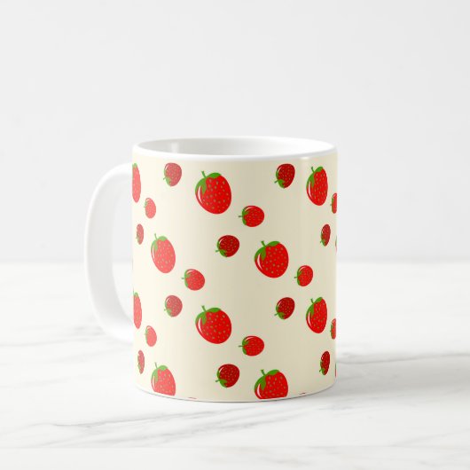 Rood aardbeienpatroon op bleek roze koffiemok (Voorkant links)