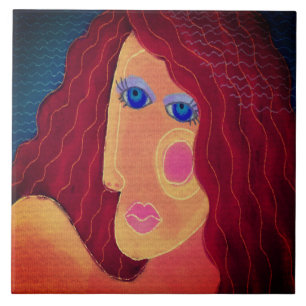 Rood Abstract digitaal portret van een vrouw Tegeltje