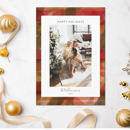 Rood Abstract geruite rustieke twee 2 foto kerst Feestdagenkaart