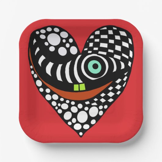 Rood, abstract hart op rood papieren bordje (Voorkant)