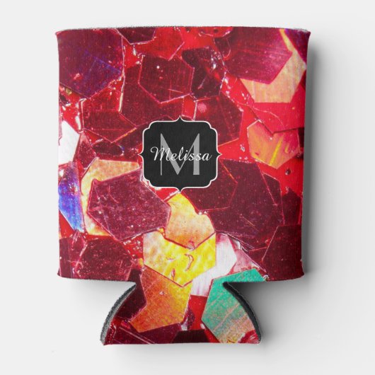 Rood abstract mozaïekglanzend glitterpatroon Monog Blikjeskoeler (Voorkant)
