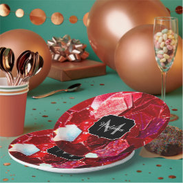 Rood abstract mozaïekglanzend glitterpatroon Monog Papieren Bordje