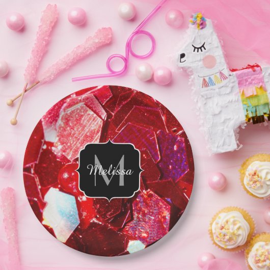 Rood abstract mozaïekglanzend glitterpatroon Monog Papieren Bordje (Feest)