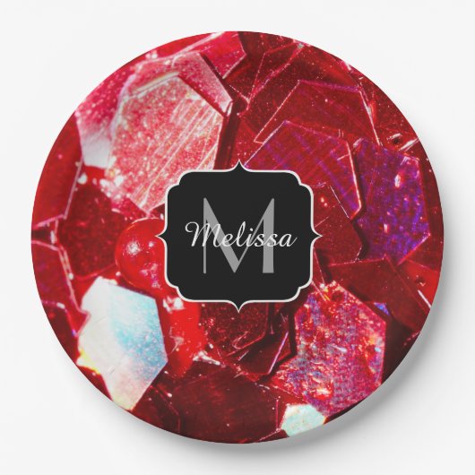 Rood abstract mozaïekglanzend glitterpatroon Monog Papieren Bordje (Voorkant)