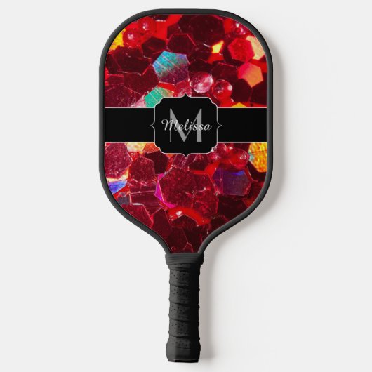 Rood abstract mozaïekglanzend glitterpatroon Monog Pickleball Paddle (Achterkant)