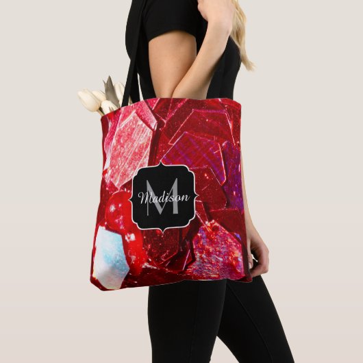 Rood abstract mozaïekglanzend glitterpatroon Monog Tote Bag (Dichtbij)