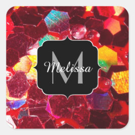Rood abstract mozaïekglanzend glitterpatroon Monog Vierkante Sticker
